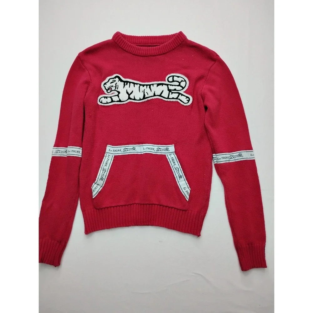 Le Tigre Red Sweater Kangaroo Pocket y2k Big White Tiger Logo Embroider M